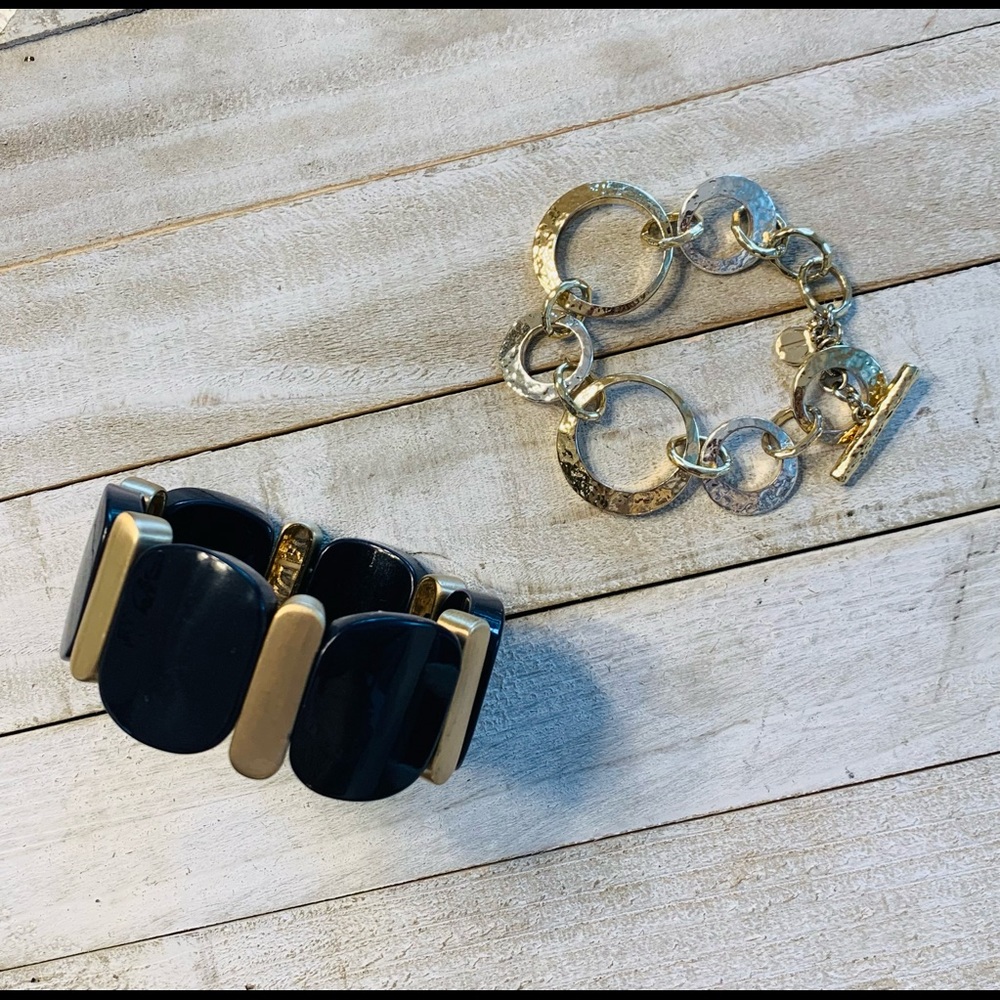 Talbots Bracelet Duo Black Gold Silver Large Chunk & Link